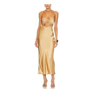 Shona Joy 'Oliviera' Gold Satin Twist Front Midi Dress Size 6
